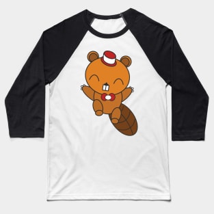 Happy Jumping Beaver with Hat and Bow Tie Baseball T-Shirt